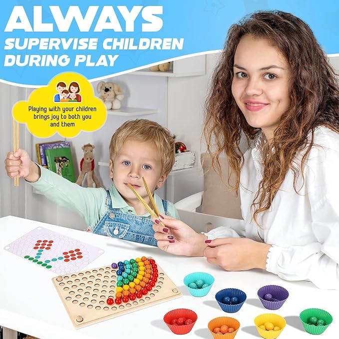 Toddler Wooden Learning Montessori Toys for 4 Year Old – Wooden peg Board Bead Game Baby Rainbow Stacking Matching Counting Color Sorting Games for fine Motor Math Skills Boys and Girls