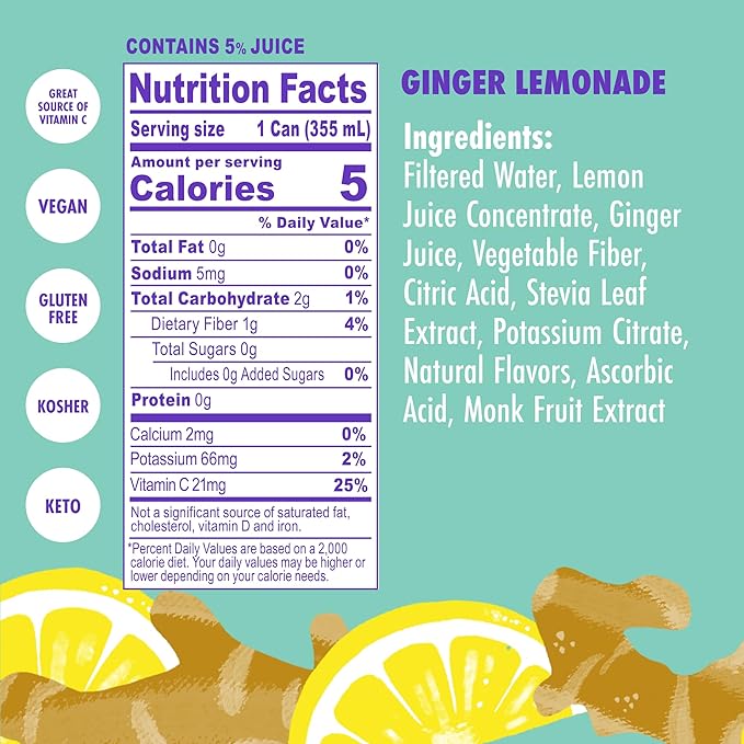 Swoon Ginger Lemonade - Sugar Free Lemonade, Low Carb, Keto & Paleo-Friendly, Gluten-Free - Zero Sugar Drinks Made with 100% Lemon Juice Concentrate & Sweetened by Monk Fruit, 12 Fl oz (Pack of 12)