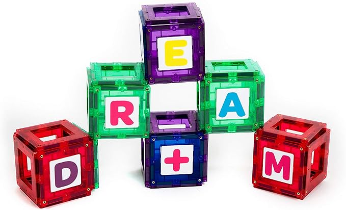 Playmags Magnetic Tile Building Set: Exclusive Educational Clickins – 80-Pc. Kit: 40 Super Strong Clear Color Magnet Tiles Windows & 40 Letters & Numbers – Stimulate Creativity & Brain Development
