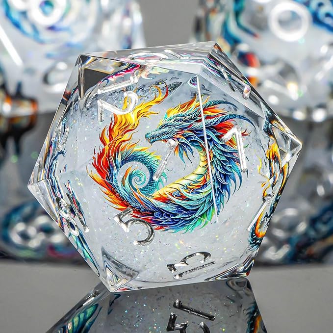 Dragon Pattern Liquid Core DND Dice Set, 7Pcs Sharp Edge D&D Dice with Gift Box, White Resin Dungeons Dragons D and D Role Playing Dice D20 D12 D10 D8 D6 D4