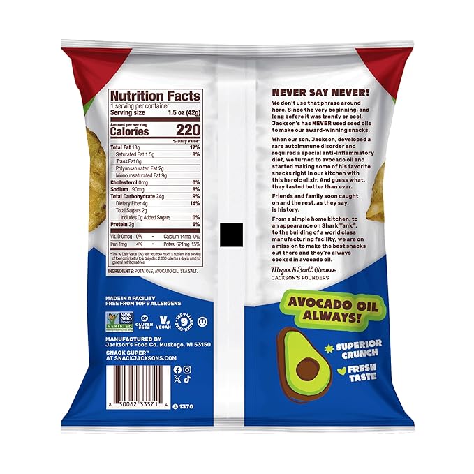 Jackson’s Potato Classic Kettle Chips with Sea Salt (1.5oz, Pack of 18) - Made with Premium Avocado Oil - Allergen-friendly, Gluten Free, Peanut Free, Vegan, Kosher - Shark Tank Product