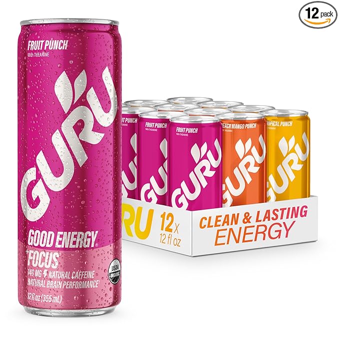 GURU PUNCH Organic Energy Drinks Variety Pack, Clean Energy Drink with Plant Based Natural Caffeine from Green Tea + Focus w/L-Theanine, Gluten Free, 140mg Caffeine, Healthy Drinks, 12oz (Pack of 12)