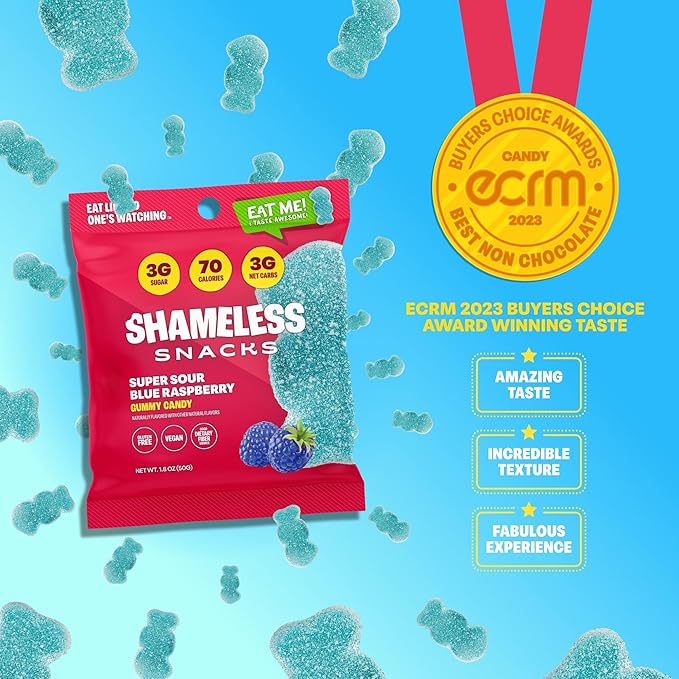 Shameless Snacks - Healthy Low Calorie Snacks, Low Carb Keto Gummies (Gluten Free Candy) - 6 Pack Sour Blue Raspberry