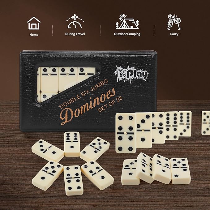 PUREPLAY Jumbo Classic Dominoes Double 6 Game Set，Ivory 28pcs Domino Set in Poatable PVC Case-Family Nights,Party Favors,Travel and Anytime Use,2-4 Players