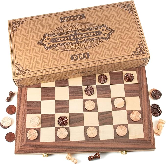 AMEROUS 15'' Wooden Chess & Checkers Set, 2 in 1 Board Games -2 Extra Queens -24 Cherkers Pieces - Gift Box Packed - Chessmen Storage Slots, Beginner Chess Set for Kids and Adults