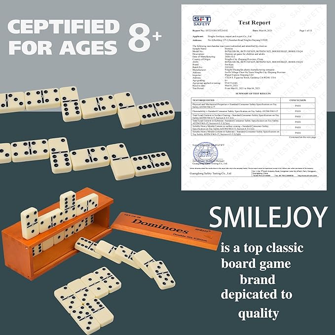 Smilejoy Dominos Set for Adults -Jumbo Size Dominoes Double Six Edition- Classic Board Games- Thick Size Double 6 Domino Set with Deluxe Brown Wood Box, 28 Tiles (2-4 Players)