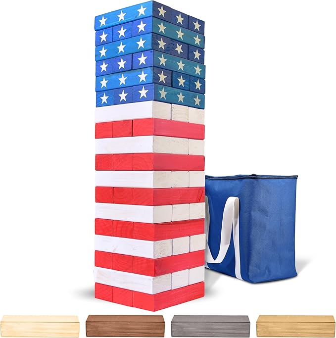 GoSports Giant Wooden Stacking Game - Stacks Up to 5 ft - Choose Brown Wood Stain, Gray, Natural, Stars & Stripes, or Tropical Hardwood - Toppling Tower