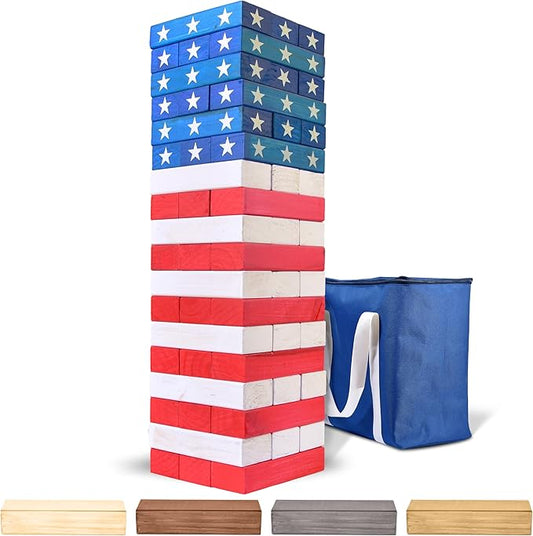 GoSports Giant Wooden Stacking Game - Stacks Up to 5 ft - Choose Brown Wood Stain, Gray, Natural, Stars & Stripes, or Tropical Hardwood - Toppling Tower
