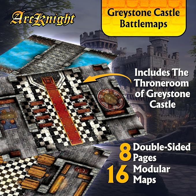 Arcknight The Graystone Castle Roleplaying Battlemaps; 16 Modular RPG Maps in 8 Double-Sided Pages, 1" Square Grid, Modular & Versatile Design for Tabletop Gaming - for D&D, Pathfinder and More