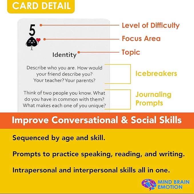 Mind Brain Emotion 52 Essential Conversations for Home, Therapy, Speech, School Classroom - Conversation Cards for Kids, Family, Teacher & Counselor to Build Growth Mindset & Communication Skills