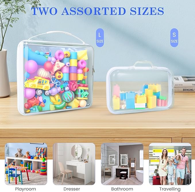 Zippered Hard Pouch, Clear Hard Shell Zipper Case, Clear Plastic Pouches Travel Bags for Kids, Storage for Building Blocks, Puzzles, Cosmetics, Stationery Accessories, Small - 4Pack