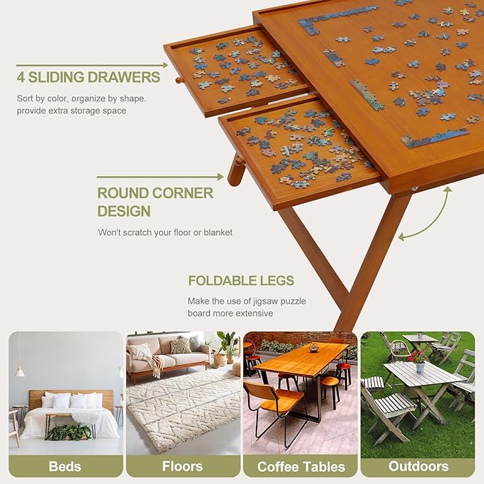 TEAKMAMA 1500 Piece Wooden Jigsaw Puzzle Board with 4 Drawers, Folding Puzzle Table with Protective Cover, Jigsaw Board with Legs, Multifunctional Game Table for Adults, 34W x 26.3D, Brown