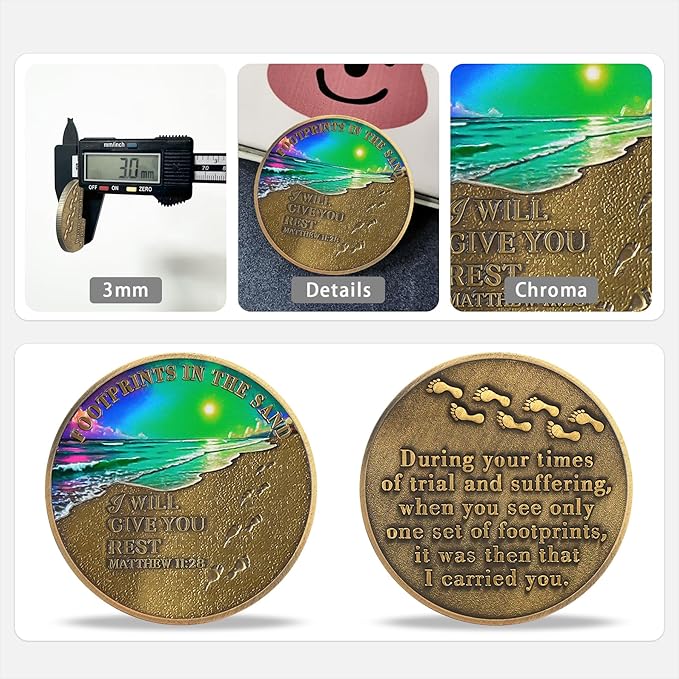 Beach Footprints Religious Coin – Inspirational Bible Verse Medallion for Faith-Based Gifts, Spiritual Encouragement for Men & Women