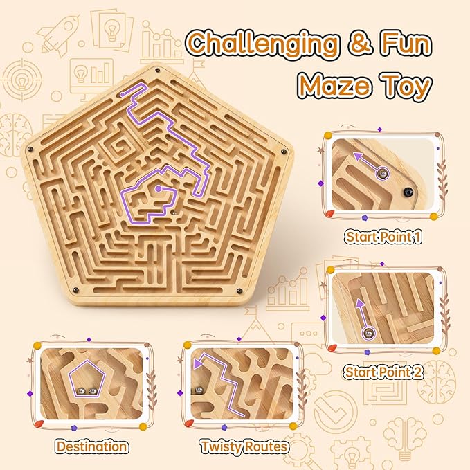 Labyrinth Board Game with Two Metal Balls,Wooden Marble Maze Games,Marbles-Balancing & Strategy Game, Brain Teasers Puzzle Toy Gifts for Kids Teens Adults