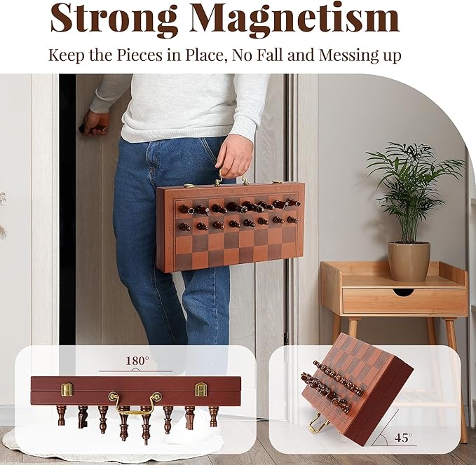 Magnetic Chess Set 15.5 Inch Chess Boards for Adults & Kids, Leather & Wooden Folding Board with Handmade Wood Pieces, Travel Chess Sets Game with Portable Handle for Beginners Professionals