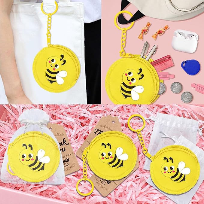 15 Pack Bee Change Coin Purse with Keyrings for Honey Bee, bumble bee, Mommy to Bee, Oh Babee, Baby to Bee baby shower, Adult Bee, Queen Bee, Birthday, Gender Reveal,Yellow