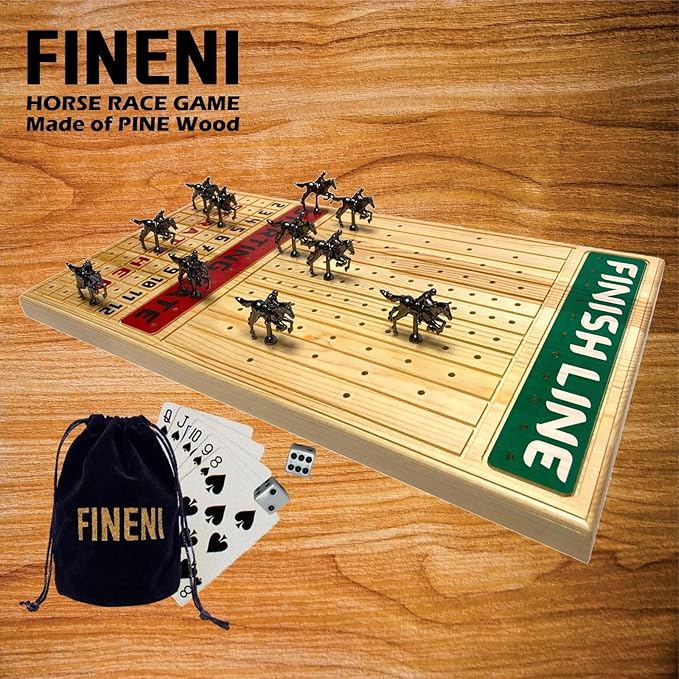 Horse Racing Board Game with Luxurious Durable Metal Horses, 11 Pieces, Black, Real Pine Wood Horseracing Game Board, Dice and Cards