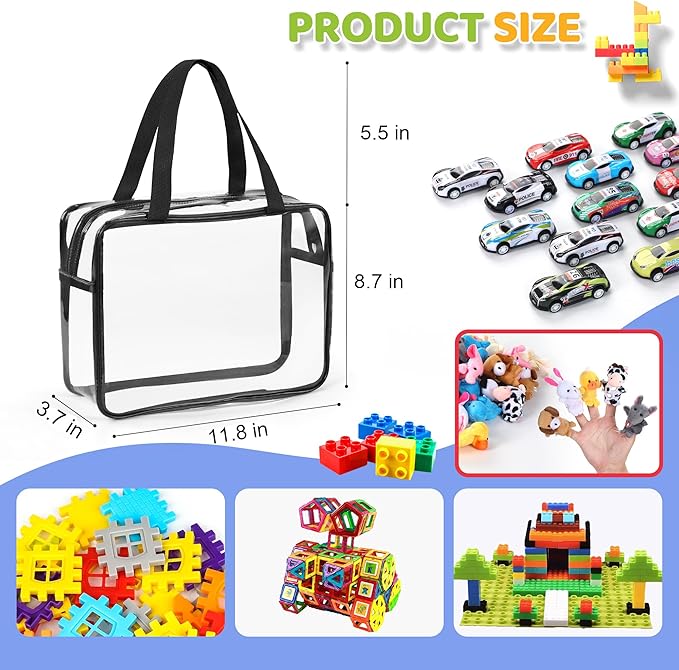 6 Packs Large Toy Storage Bags,Clear Waterproof PVC Toy Storage Organizer with Zipper,Reusable Travel kids Organizer Bags for Board Game,Building Blocks and Puzzles,Black