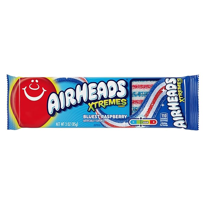 Airheads Candy, Xtremes Belts, Bluest Raspberry Flavor, Sweetly Sour, Non-Melting, Movie Theater, 3oz Packs, Box of 12 Packs