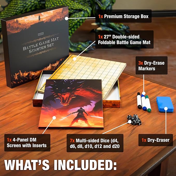 TIDYBOSS 23"x27" Dungeons and Dragons Foldable Battle Mat D&D Starter Set Kit with Dungeon Master Screen | Wet & Dry Erase DND Board Game | DND Gifts & DND Accessories