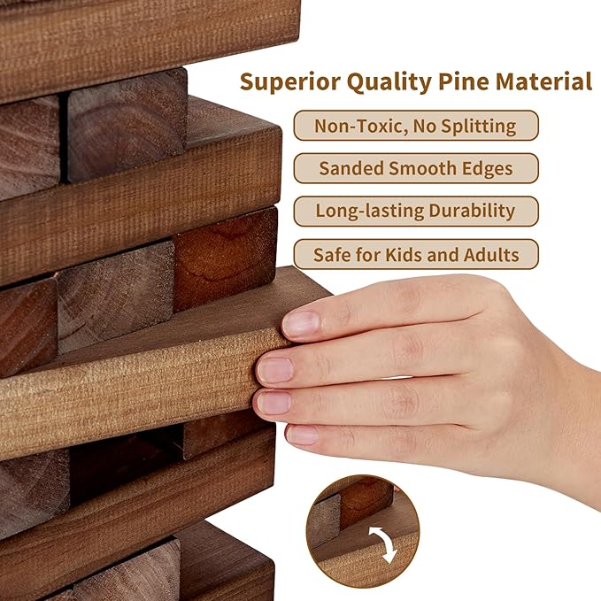 ApudArmis 54 PCS Tumble Timber Set Stack to 3FT, Pine Wooden Tumble Tower Game with Dice and Scoreboard Set - Classic Block Stacking Board Game for Teens Children Teenagers (Brown)