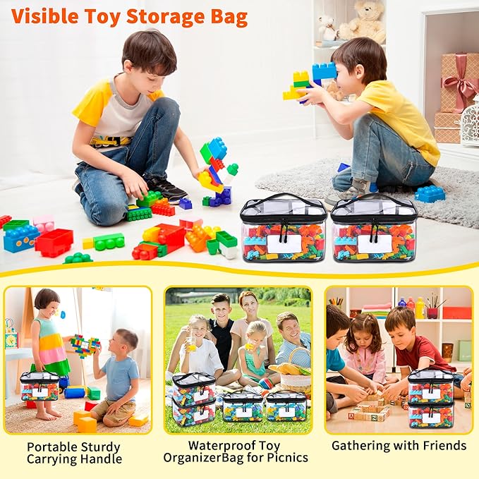 6 Packs Toy Storage Bags with Manual Pocket, Reusable Clear PVC Board Game Storage, Travel Waterproof Storage bag organizer with Zipper for Building Blocks, Board Game, Puzzle, Books