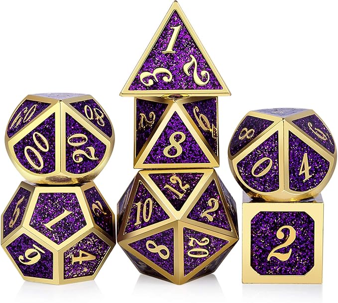 DNDND Glitter Purple Metal Dice Set, Solid Polyhedral DND Metallic Dice with Free Metal Case for Role Polying Game Dungeons and Dragons