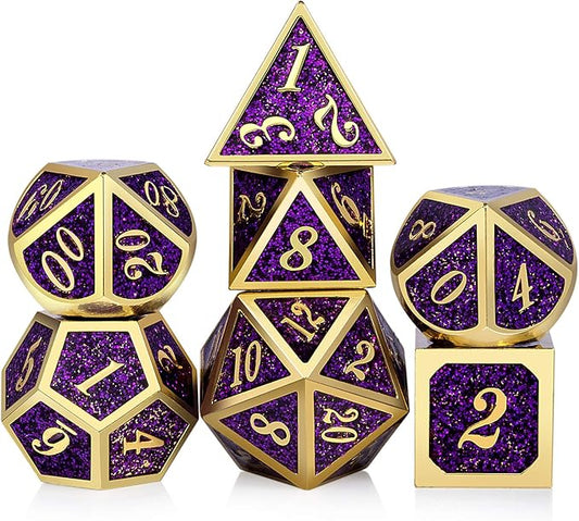 DNDND Glitter Purple Metal Dice Set, Solid Polyhedral DND Metallic Dice with Free Metal Case for Role Polying Game Dungeons and Dragons