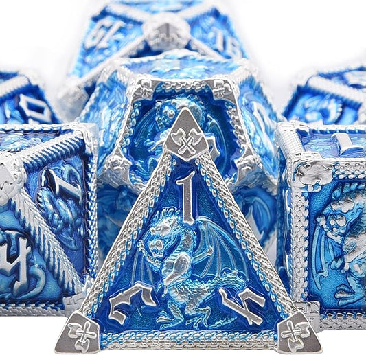 AUSTOR 7-Die Metal DND Dice Set Dungeons and Dragons Polyhedral Roll Playing Dice with Box D20 D12 D10 D% D8 D6 D4 for Pathfinder MTG RPG Board Games