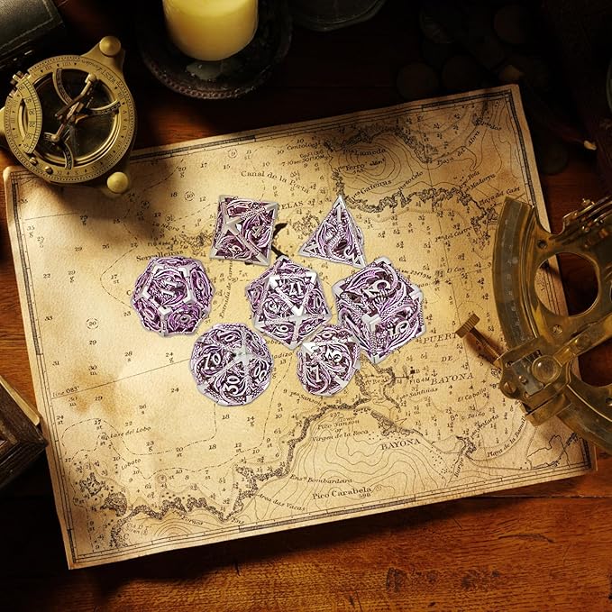 DND Dice,Hollow D&D Metal Dice,Dungeons and Dragons Dice Set with Gift Box,7 PCs Steampunk Polyhedral Dice Games Set for RPG,MTG,Pathfinder(Dragon Purple 1)
