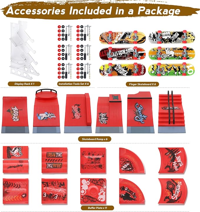 Finger Skateboards Ramp Set, Red 6 in 1 Fingerboard Skatepark Deck with 11 Buffer Plate, Fingerboard Half Pipe Ramp for Kids Adults Fingerboard Train Props Interactive Freestyle Game