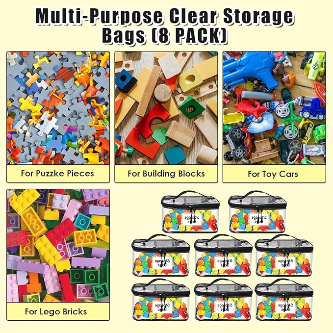 8 Pack Large Clear Toy Storage Bags with Zipper - 9.4x6.7x5.1In Waterproof PVC Organization for Lego, Building Blocks, Board Games & Puzzles - Includes Name Tag (Black)