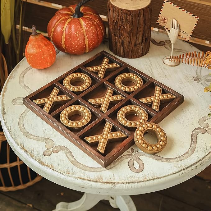 NIKKY HOME Tic Tac Toe Game Coffee Table Decor, 10.6 Inch Rustic Wooden Board, Gold