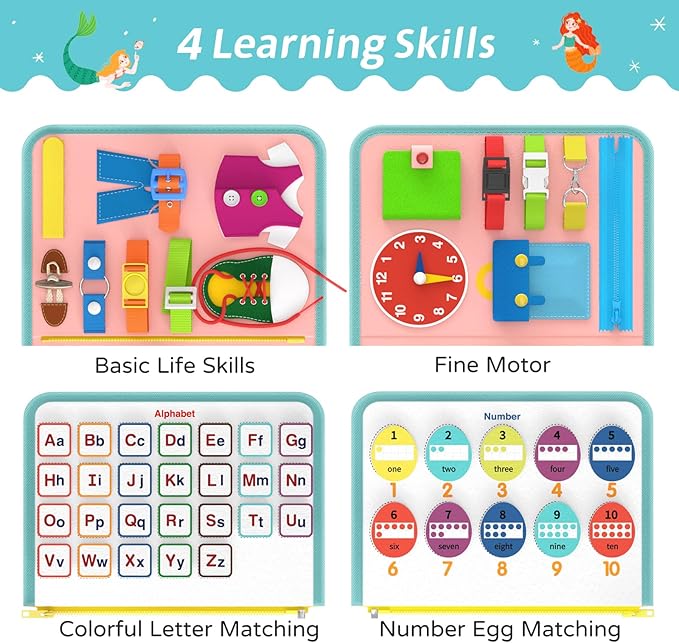 Busy Board Sensory Toys for Toddlers, Montessori Toys for 2 3 4 Year Old Girls Gift, Little Mermaid