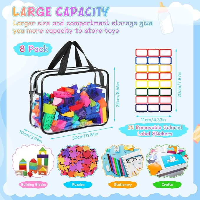 8 Packs Large Toy Storage Bags with Labels&Manual Pocket, Reusable Clear PVC Board Game Storage Bags, Travel Waterproof Organizer Bags with Zipper for Building Blocks, Puzzle, Cosmetic