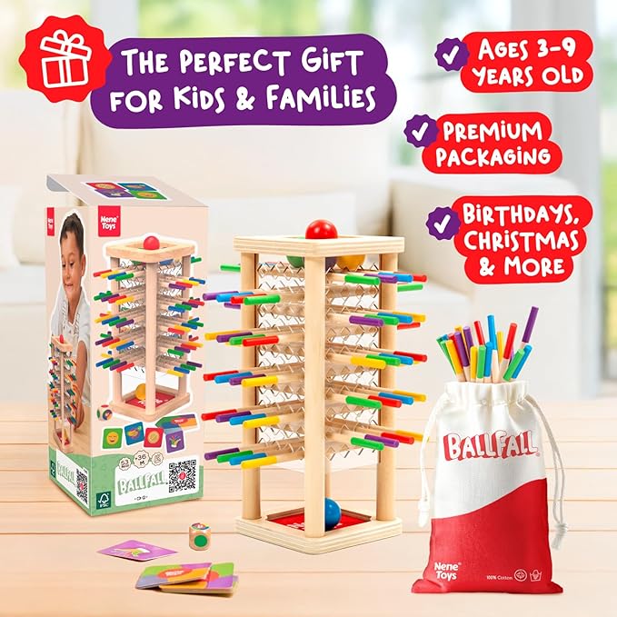 Nene Toys BALLFALL - Montessori Wooden Board Game for Kids Ages 3-9 – Educational Toy for Fine Motor Skills & Logical Thinking – Classic Family Tower Game with Colorful Sticks, Dice & Cards