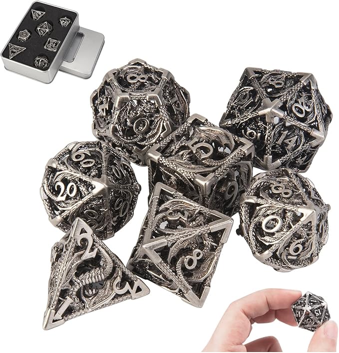 DND Dice,Hollow D&D Metal Dice,Dungeons and Dragons Dice Set with Gift Box,7 PCs Steampunk Polyhedral Dice Games Set for RPG,MTG,Pathfinder,(Dragon Ancient Silver)