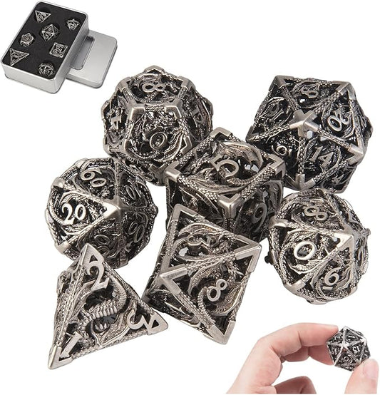 DND Dice,Hollow D&D Metal Dice,Dungeons and Dragons Dice Set with Gift Box,7 PCs Steampunk Polyhedral Dice Games Set for RPG,MTG,Pathfinder,(Dragon Ancient Silver)