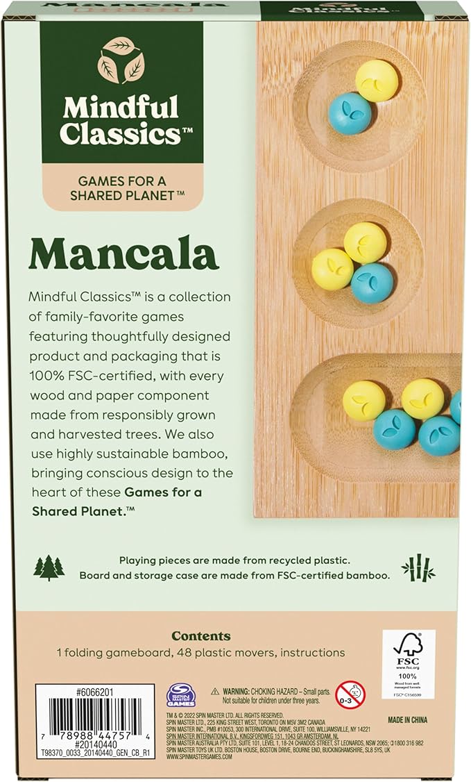 Mindful Classics, Mancala Board Game Made from Bamboo & Recycled Plastic for Earth Day, Eco-Friendly Products for Adults and Kids Ages 8 and up