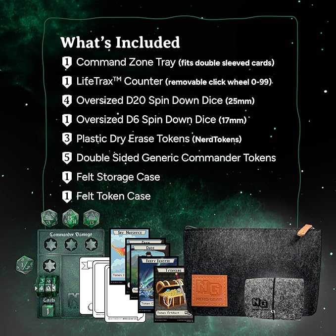 NERD GEAR Commander Essentials Kit - Ultimate Accessory for MTG Commander EDH - MTG Command Zone Tray - Health Counter - Spin Down Dice - Dry Erase Tokens (Midnight Forest)