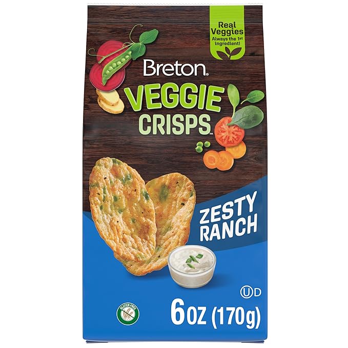 Breton Veggie Crisps Zesty Ranch (Pack of 12) - Popped not Fried Crisps, Made with Real Vegetables, Light and Crispy Gluten Free Chips, Snacks for School, Lunch Box and More, 12x6oz