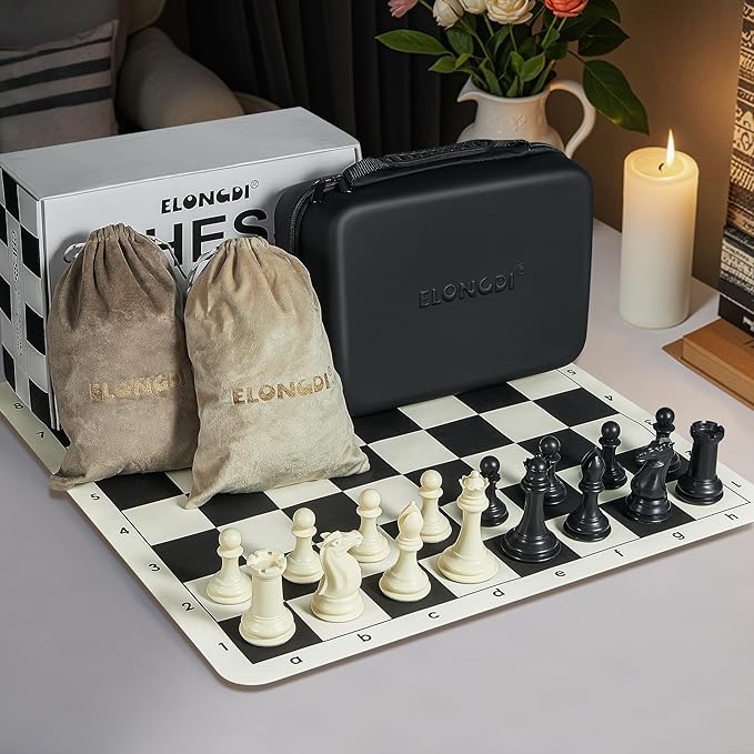 Tournament Chess Set with 20" Silicone Chess Board Mat - 4" King Plastic Weighted Staunton Pieces 2 Extra Queens - Portable EVA Carrying Case for Travel