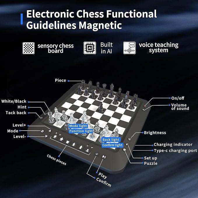 Electronic Chess Set, Chess Set Board Game, Computer Chess Game, Electronic Chess Game, LEDs,Built-in Battery, Great Partner for Play and Practice (Black)
