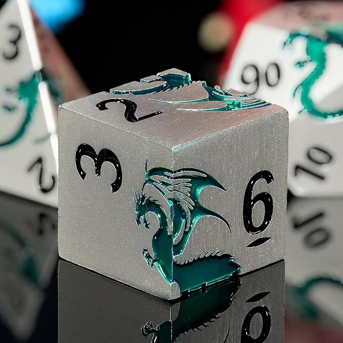Metal DND Dice Set,Blue Dragon Heavy Metal Dice Set D&D,Dungeons and Dragon TTRPG Role Playing Table Games(Sliver Green Dragon)