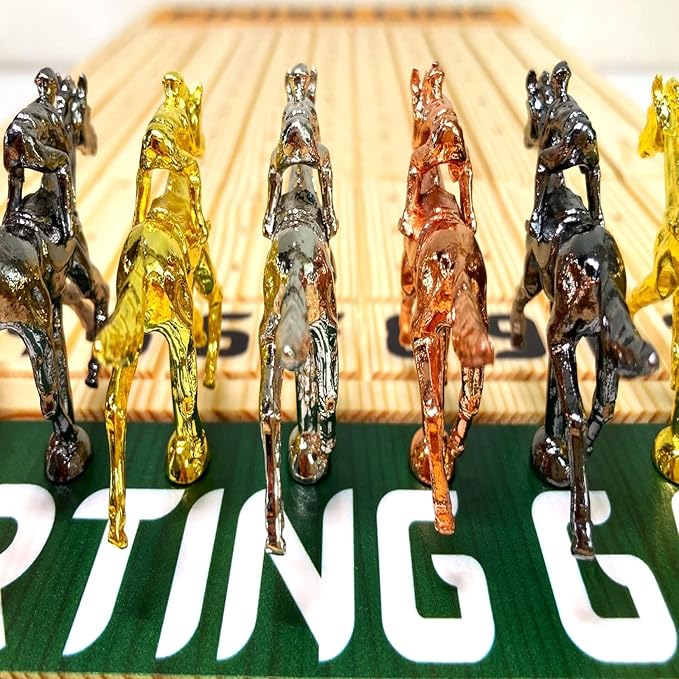 Horse Racing Game for Adults, Foldable Horse Race Board Game with 11 Luxurious Metal Horses (Gold, Silver, Black, RoseGold), 22” Pine Wood Horse Race Game Board, Dice & RoseGoldCard (Log Color)