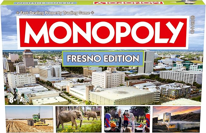 Monopoly Board Game Fresno CA Edition : 2-6 Players Family Board Games for Kids and Adults, Board Games for Kids 8 and up, for Kids and Adults, Ideal for Game Night