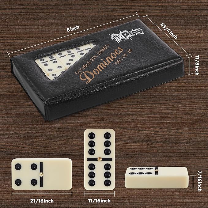 PUREPLAY Jumbo Classic Dominoes Double 6 Game Set，Ivory 28pcs Domino Set in Poatable PVC Case-Family Nights,Party Favors,Travel and Anytime Use,2-4 Players