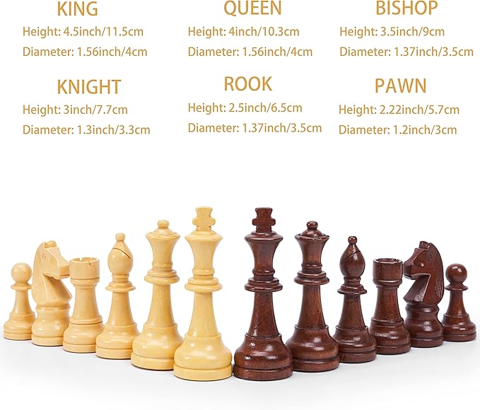 Vamslove Wooden Chess Pieces Large 4.5'' King Set of 32 Luxury Staunton Wood Chessmen for Chess Game Board (Chess Pieces Only), Velvet Storage Bags Included