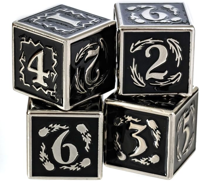 Metal Dice Set Collection for DND and All TRPG Games (Nightwatch, Silver 4D6)