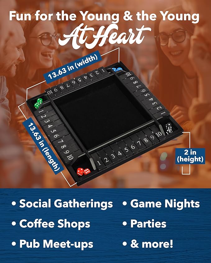 WE Games Wooden Shut The Box Game 4 Player - 10 Number Tiles & 8 Dice - Large 14-Inch, Black Stained Wood Finish